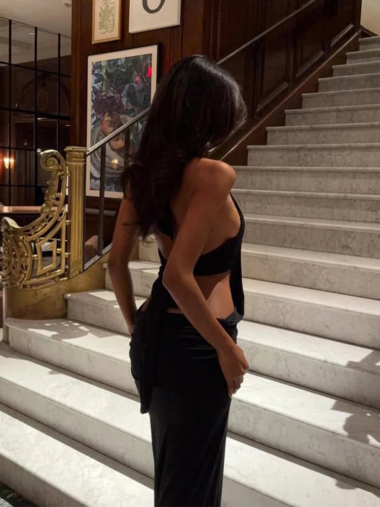 Viviana Deep-V Halter Backless Maxi Dress