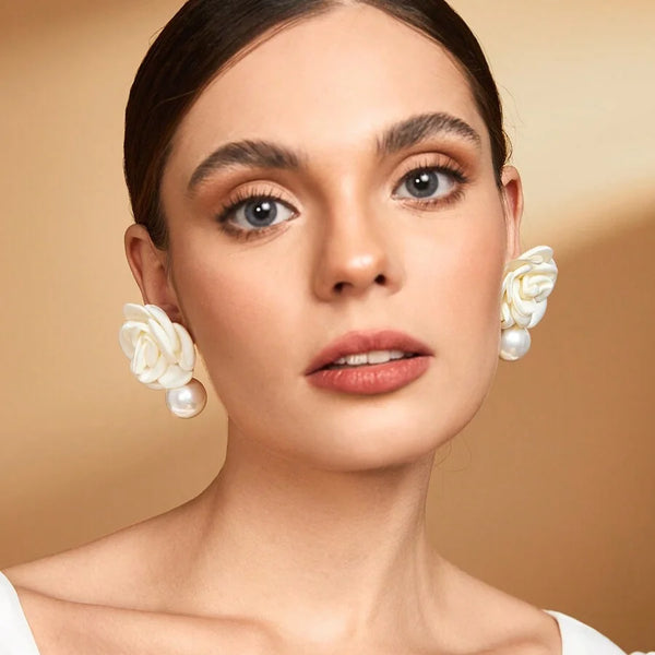 Liliane Ivory Fabric Rose Faux Pearl Drop Earrings