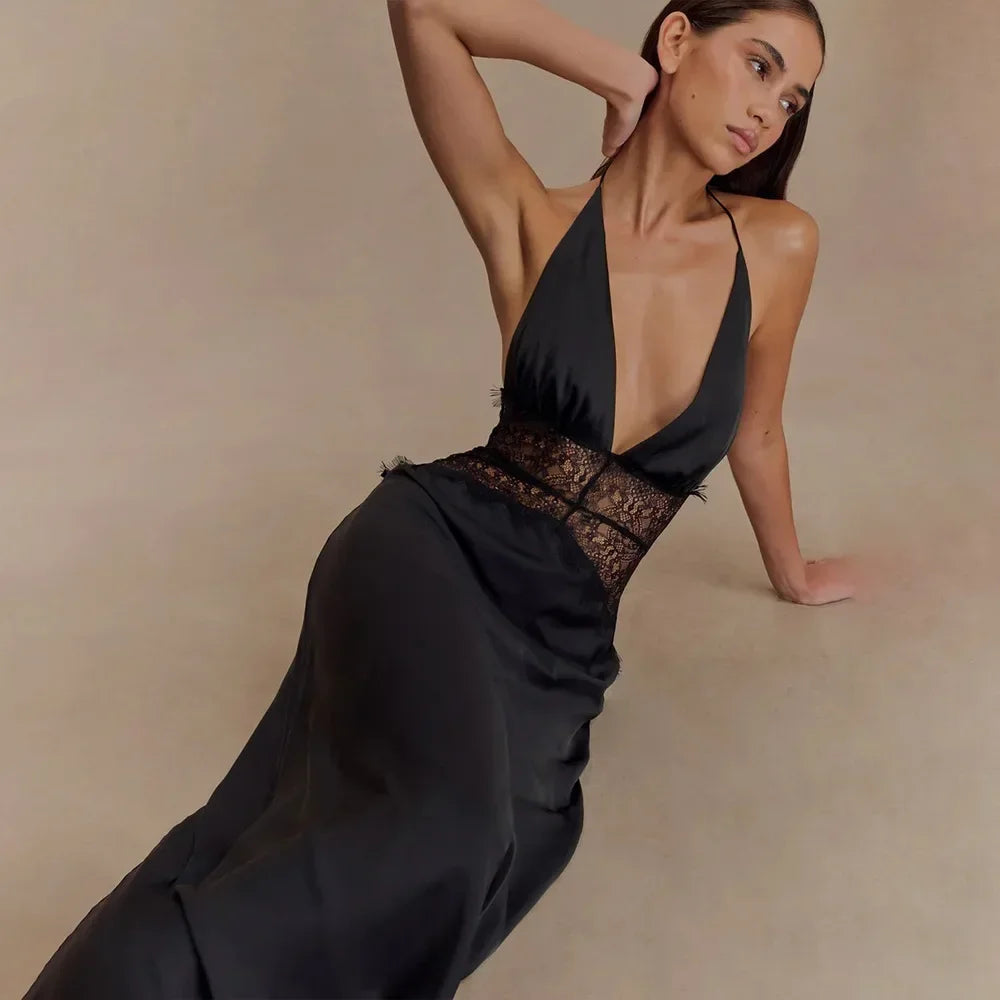 Pervinca Lace-Panel Satin Plunge Halter Backless Maxi Dress