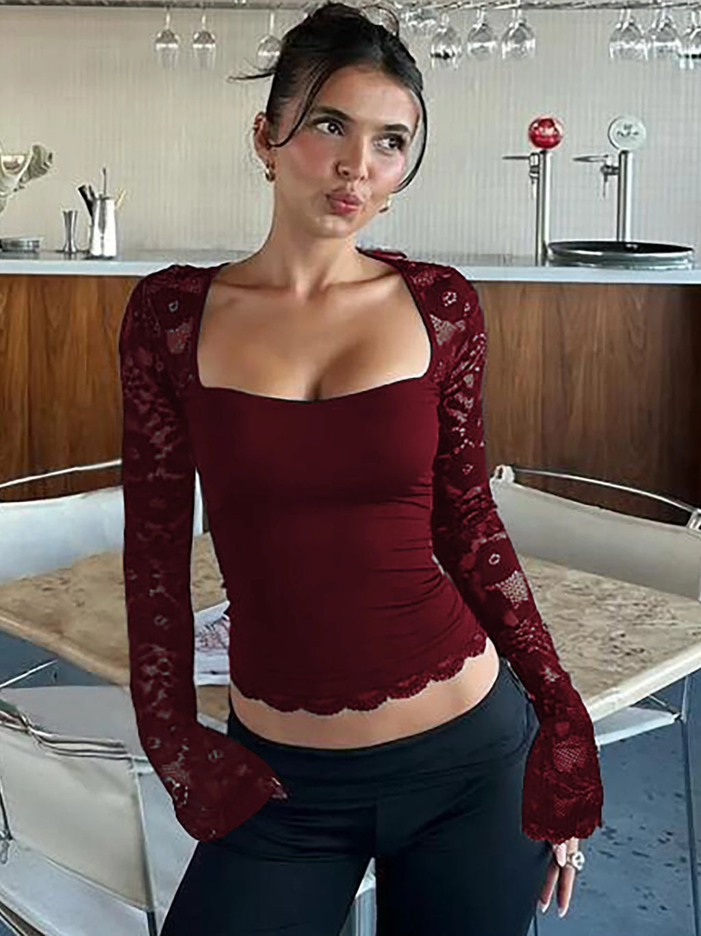 Isabella Midnight Lace Long Sleeve Square Neck Top