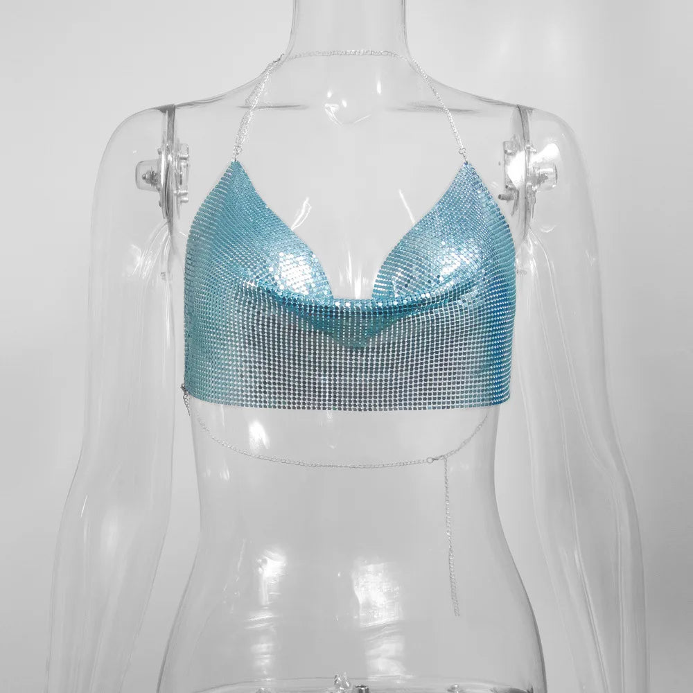 Electra Metallic Sequin Halter Backless Crop Top One-piece