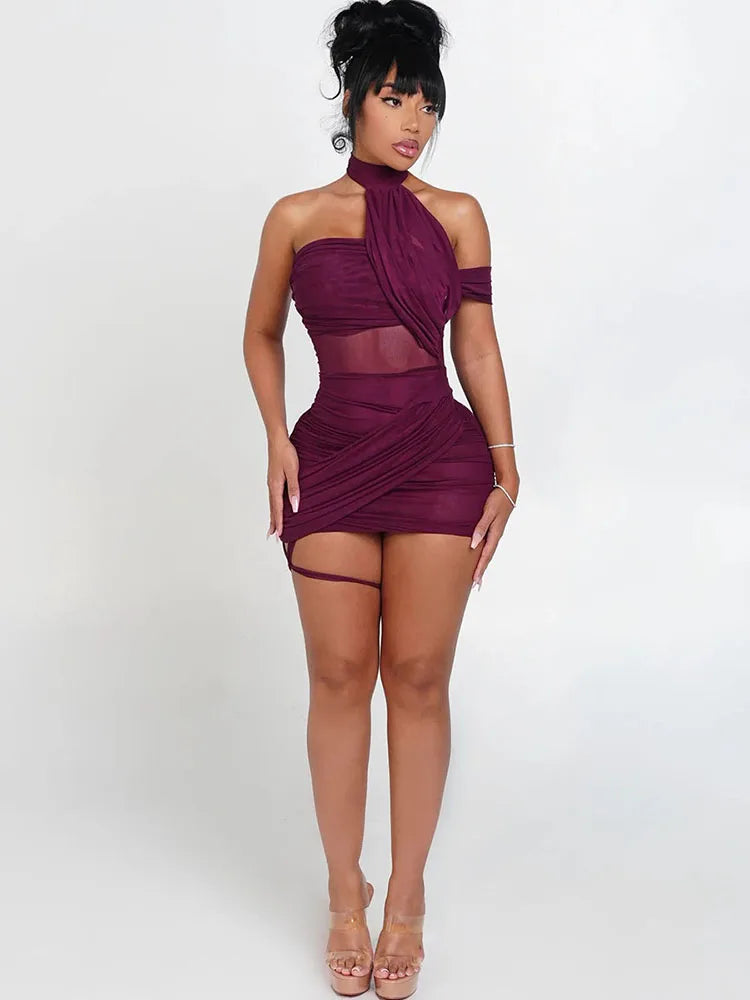 Calista Mesh Cutout Asymmetrical Mini Dress
