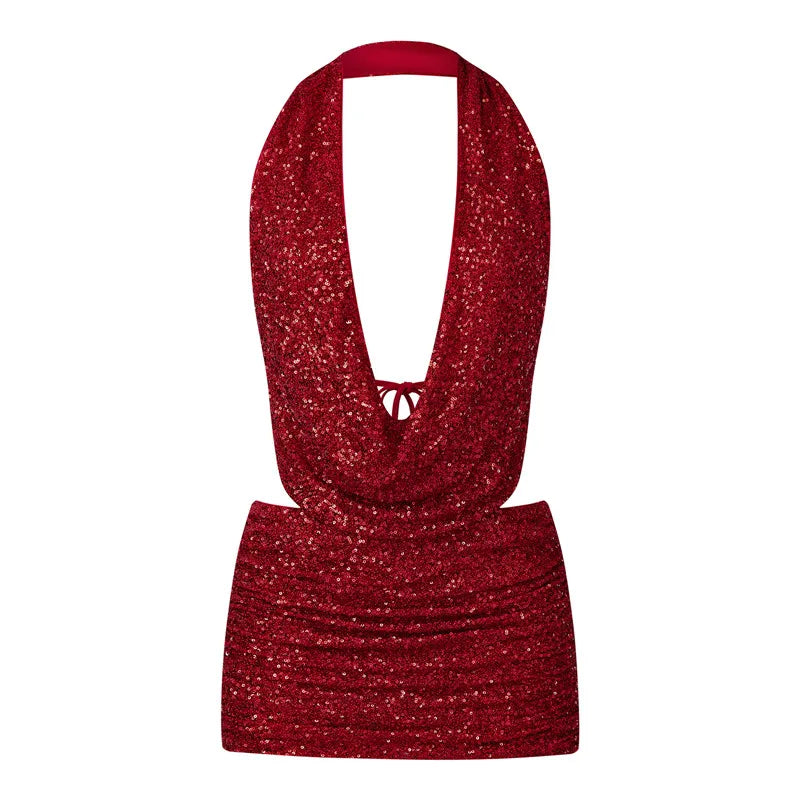 Wynonna Sequin Halter Cowl Crop Top & Mini Skirt Set
