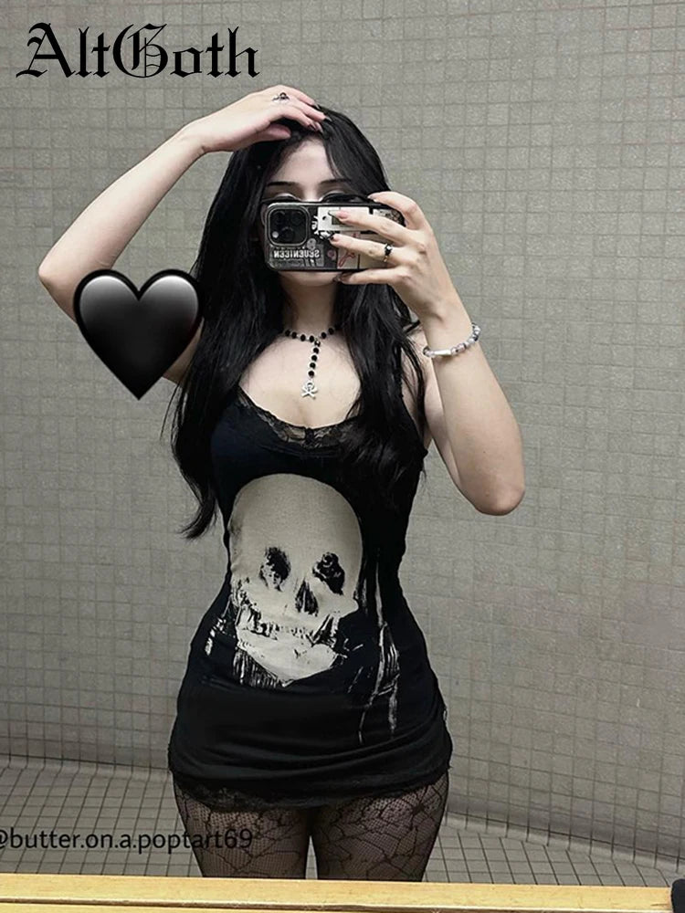 Nyx Skull-Print Gothic Bodycon Mini Dress