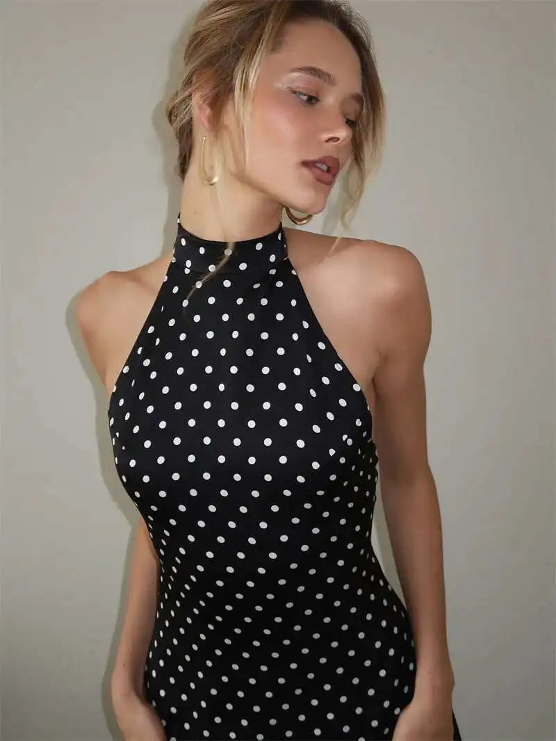 Hyacinthe Polka-Dot Tie-Halter Backless A-Line Mini Dress