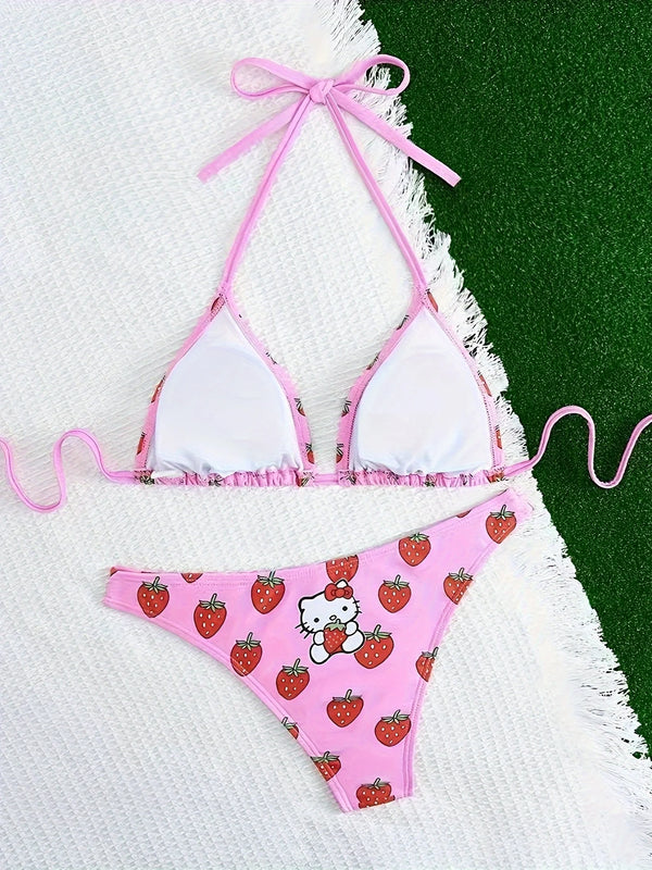 2 pcs/a set Hello Kitty Strawberry Cute Cartoon Gir Bikini Small Breast Gathers Beach Vacation Style