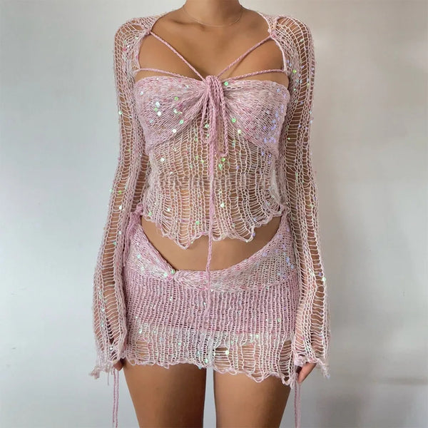 Marisela Sequin Crochet Knit Tie-Front Crop Top & Mini Skirt Two-piece