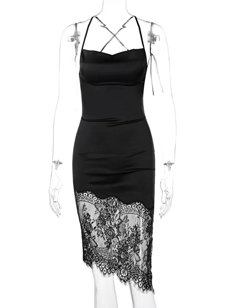 Cecelia Midnight Lace Asymmetry Sleeveless Midi Dress