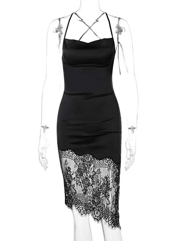 Cecelia Midnight Lace Asymmetry Sleeveless Midi Dress