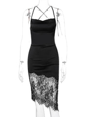 Cecelia Midnight Lace Asymmetry Sleeveless Midi Dress
