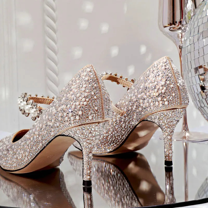 Hot Rhinestone Pointed High Heels New Single Shoes Women's Pumps Bridesmaid Rhinestone Crystal Pearl Retro Wedding Shoes