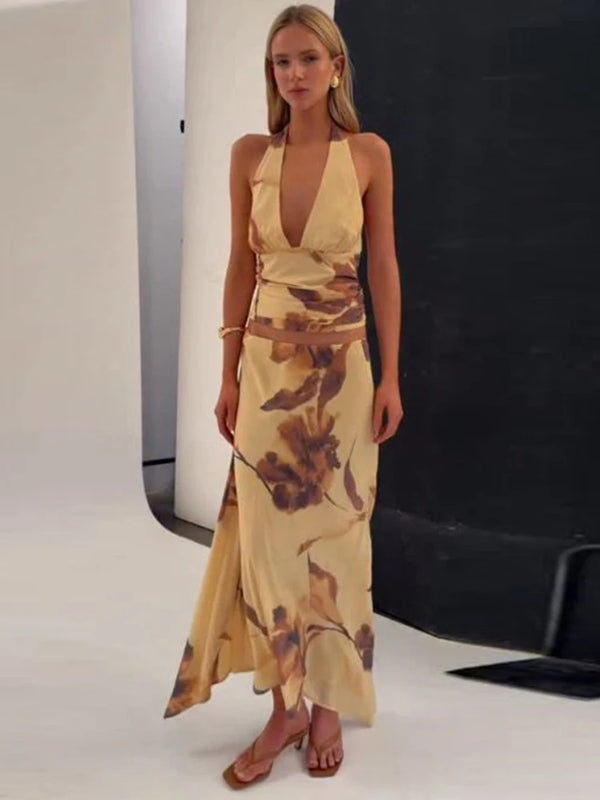 Emmeline Floral Printed Halter Maxi Skirt Set Two-piece