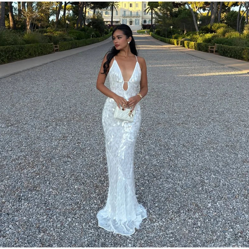 Ismene Sequin Plunge Keyhole Backless Cami Mermaid Maxi Dress