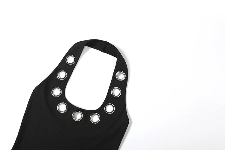 Kliou Sexy Backless Mini Dress Woman Metal Ring Hollow Decoration Halter U Collar Sleeveless Midnight Club Party Hipster Bodycon