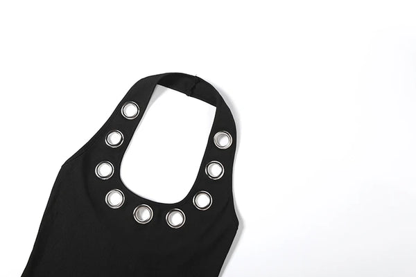 Kliou Sexy Backless Mini Dress Woman Metal Ring Hollow Decoration Halter U Collar Sleeveless Midnight Club Party Hipster Bodycon