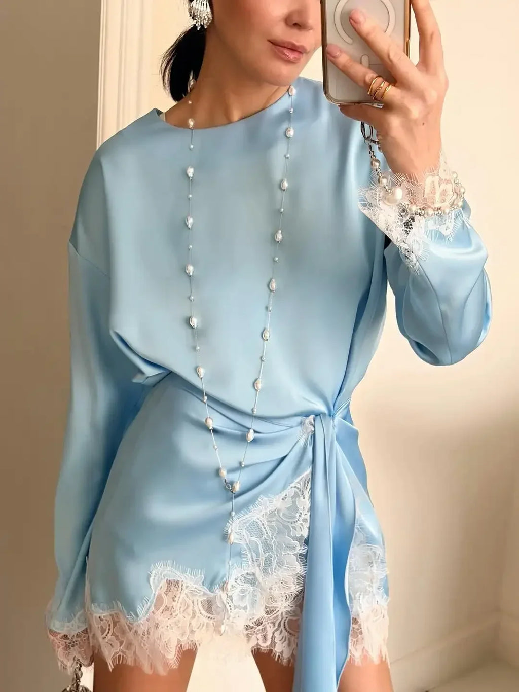 Amara Satin Lace Long-Sleeve Mini Dress