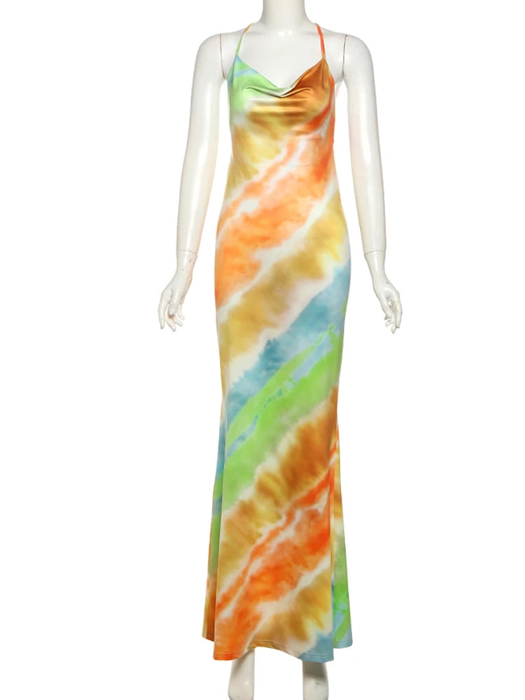 Clothilde Tie-Dye Satin Cowl-Neck Chain-Strap Backless Maxi Dress