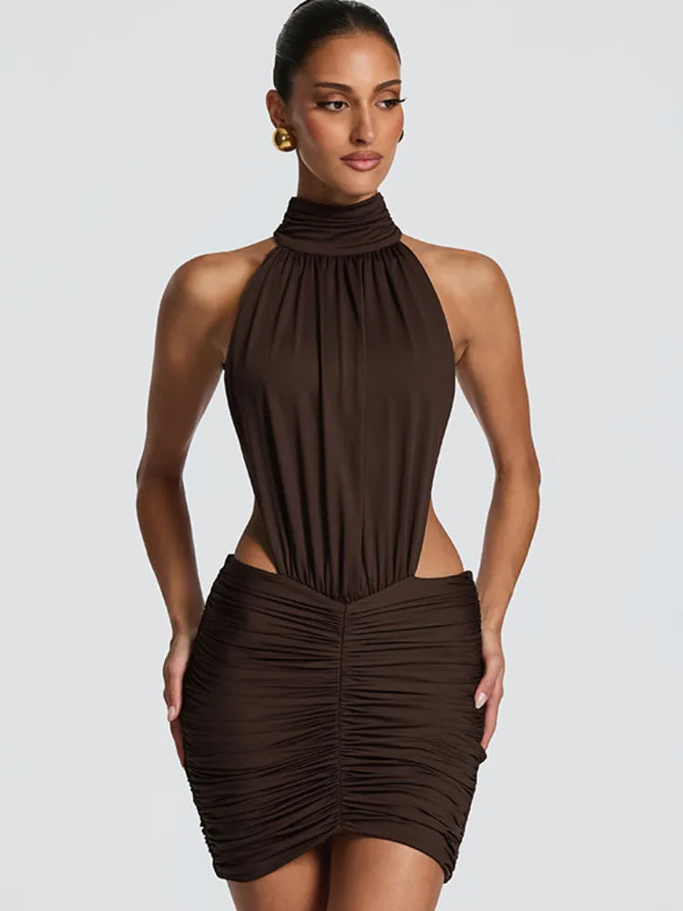 Marcella High-Neck Ruched Backless Mini Dress