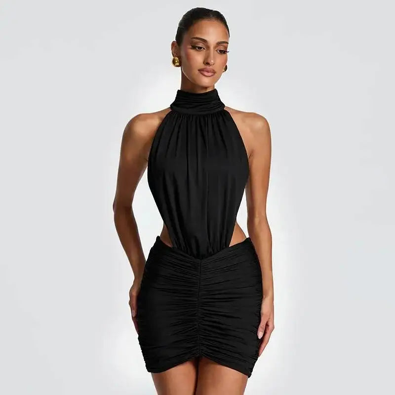 Marcella High-Neck Ruched Backless Mini Dress