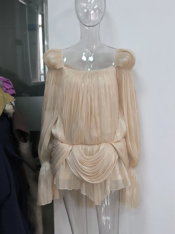 Camellia Satin Puff-Sleeve Pleated Mini Dress