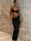 Kliou Beads Decoration 2 Piece Set Woman Halter Low-Neck Backless Camisole Tops+Elastic Waist Long Skirts Elegant Style Outfits