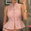 Mina Sheer Lace Mandarin Collar Peplum Top