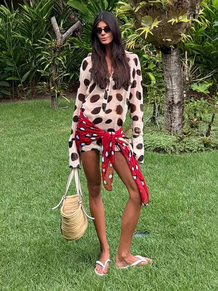 2026 Women Chic Vacation Outfits Fashion Leopard Print Sheer Chiffon Shirt Casual Turn-down Collar Mini Dress & Detachable Scarf