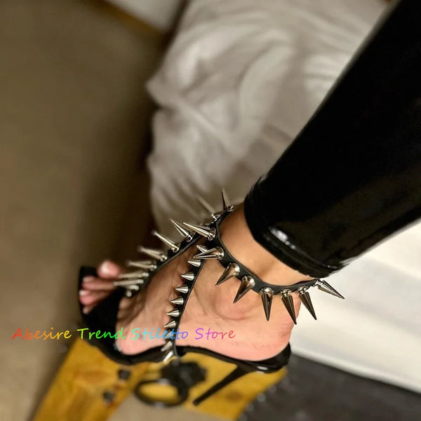 Long Rivets Sexy High Heels Sandals Women Cross Strap Open Pointed Nightclub Sandals Black Patent Leather Stiletto Heel Shoes