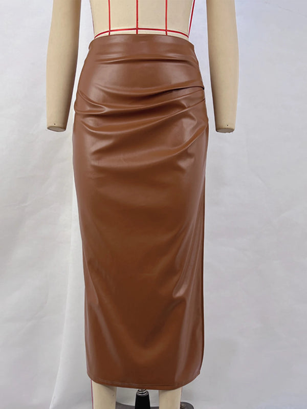 Vespera High-Waist PU Asymmetrical Maxi Skirt One-piece