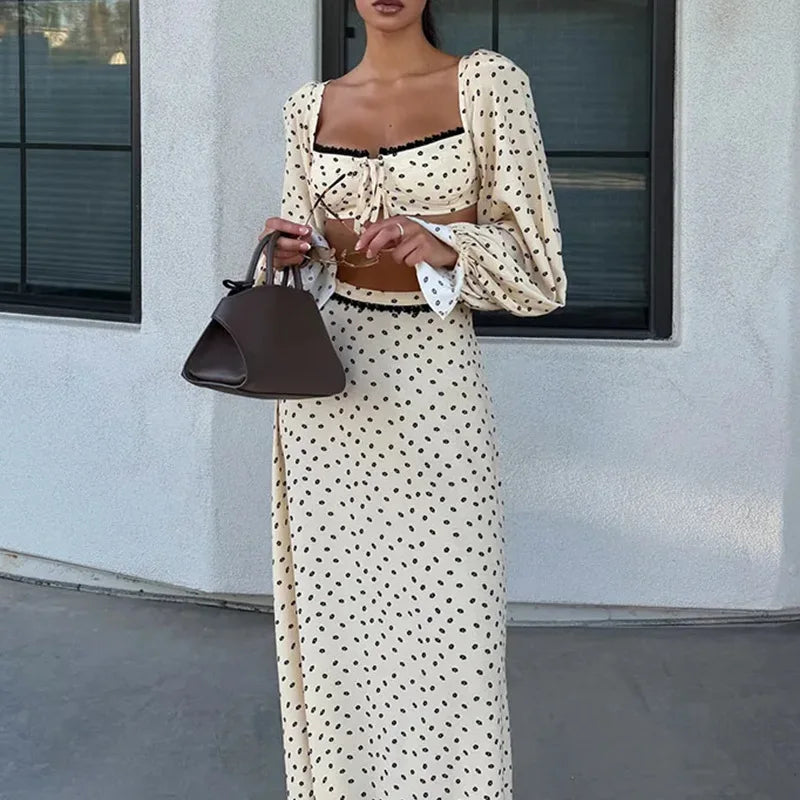Hortense Ditsy Floral Lantern-Sleeve Lace-Trim Crop Top & Maxi Skirt Two-piece