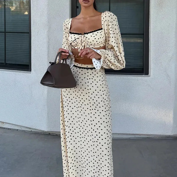 Hortense Ditsy Floral Lantern-Sleeve Lace-Trim Crop Top & Maxi Skirt Two-piece