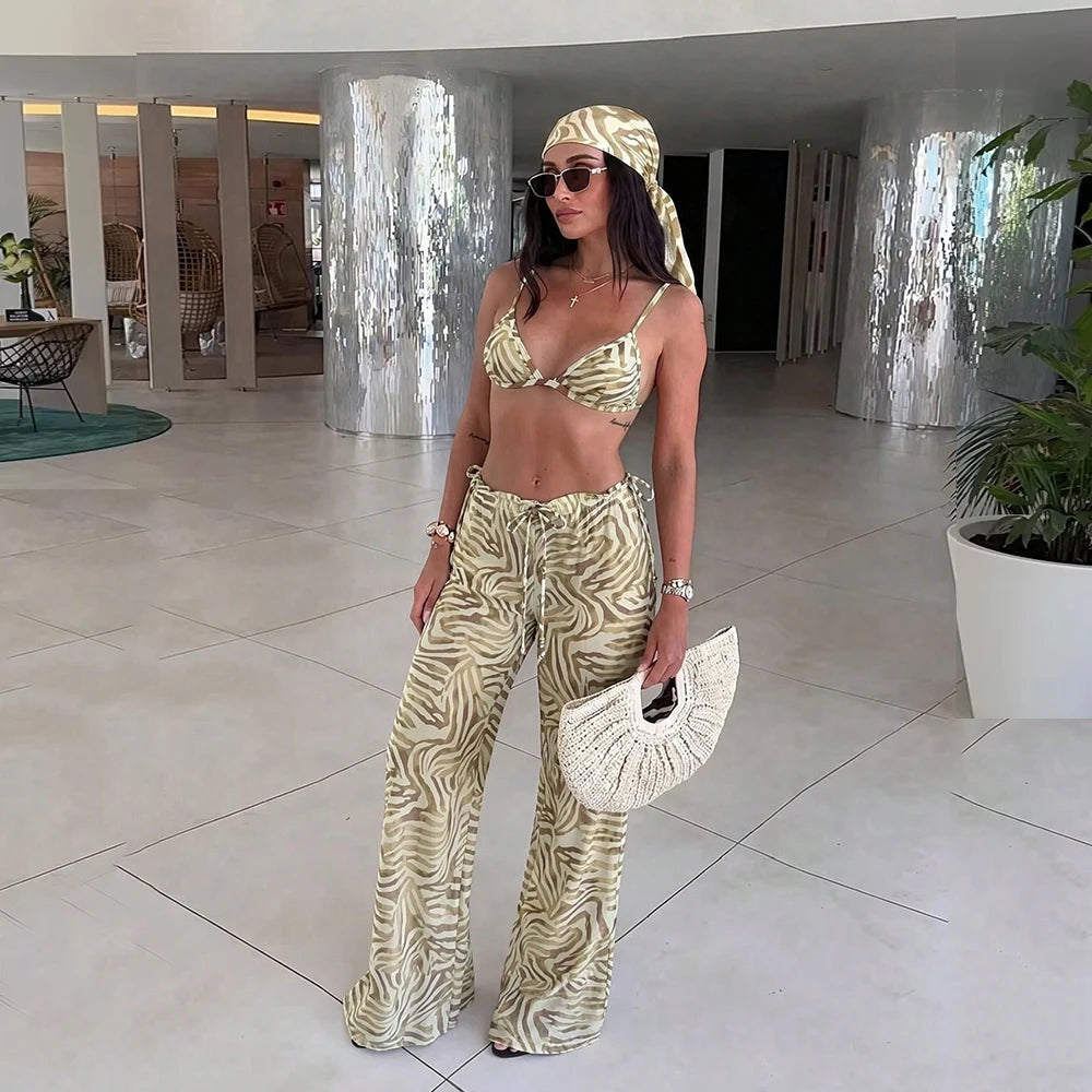 Zelena Printed Kimono Bikini Three-piece