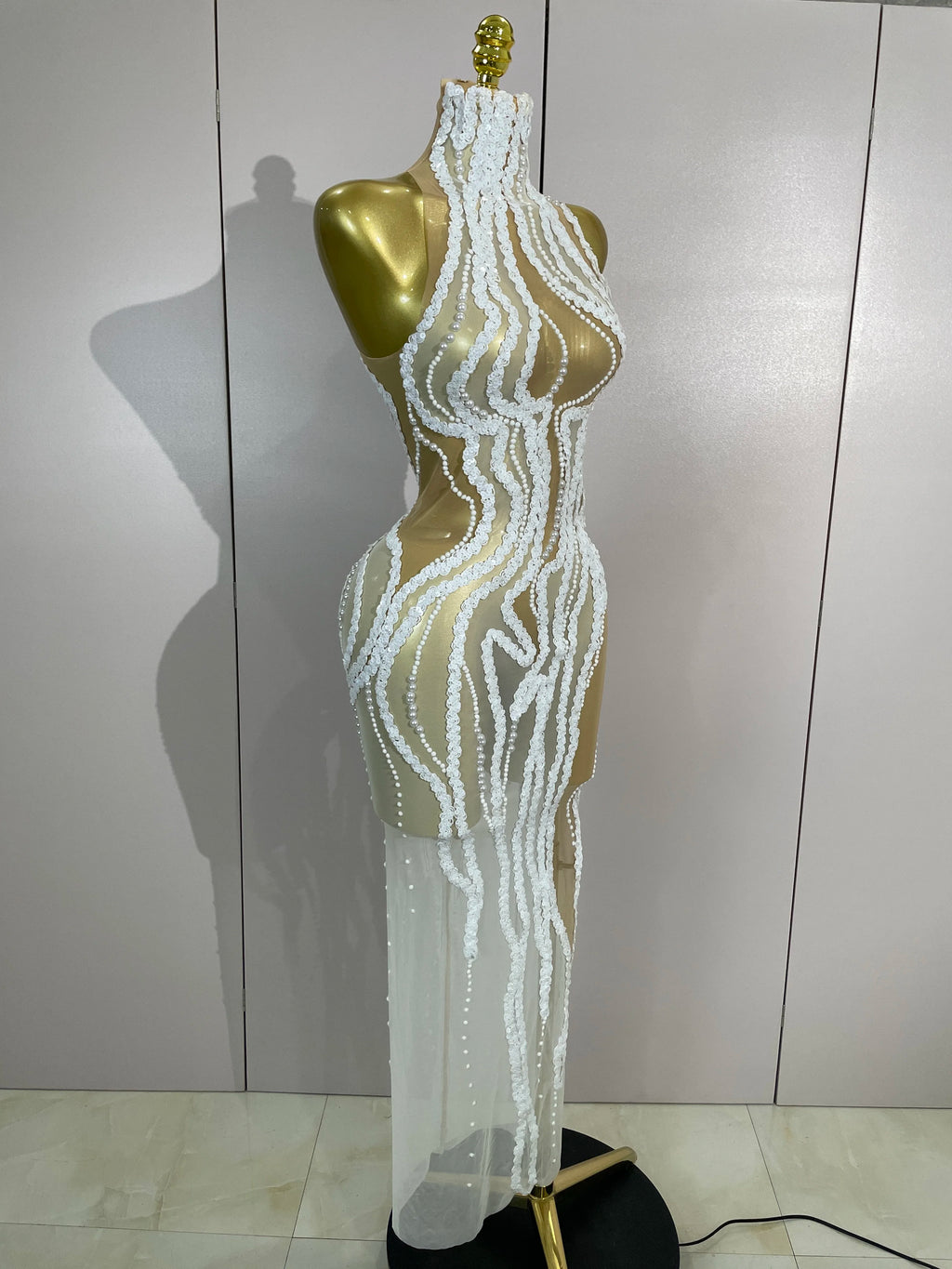 Opaline Pearl-Sequin Sheer Mesh Maxi Dress