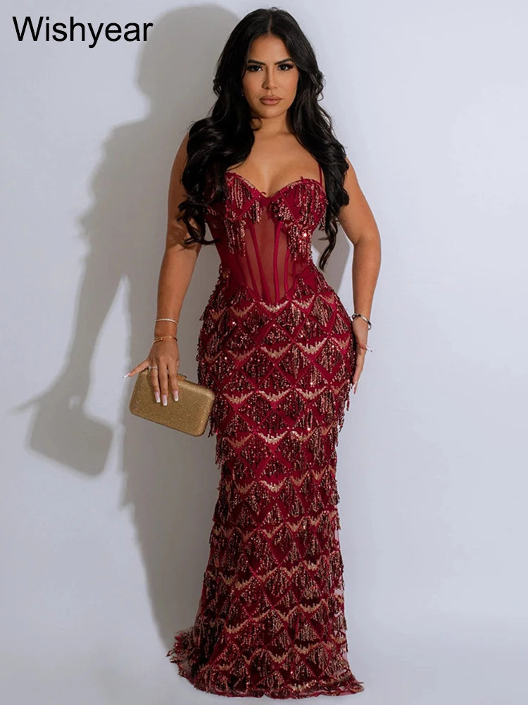 Elegant Luxury Celebrity Evening Party Dresses Women‘s Sequined Spaghetti Stap Mesh Patchwork Bodycon Sexy Birthday Prom Vestido Main image
