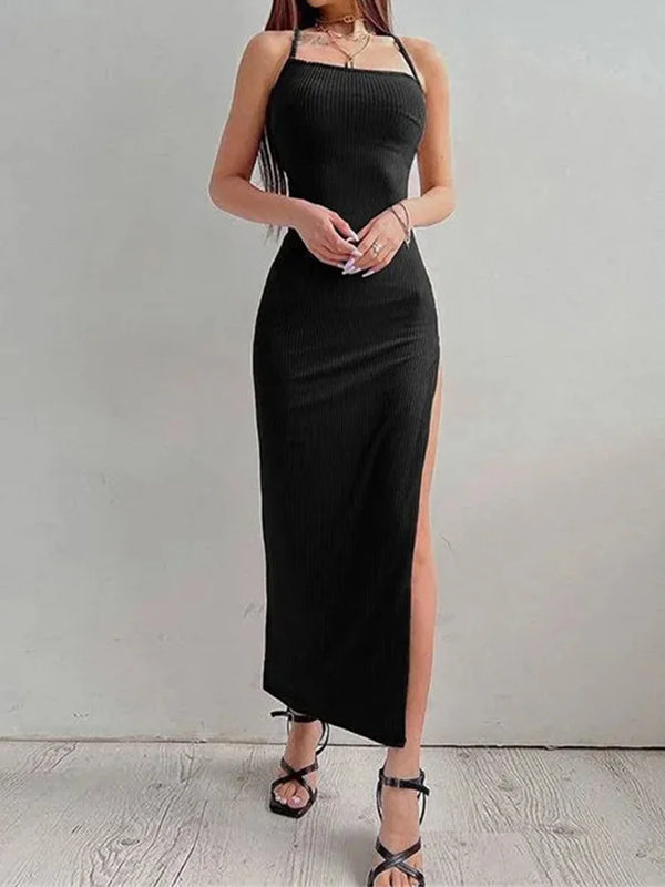 Aria Noir Side-Lace Ribbed Maxi Dress