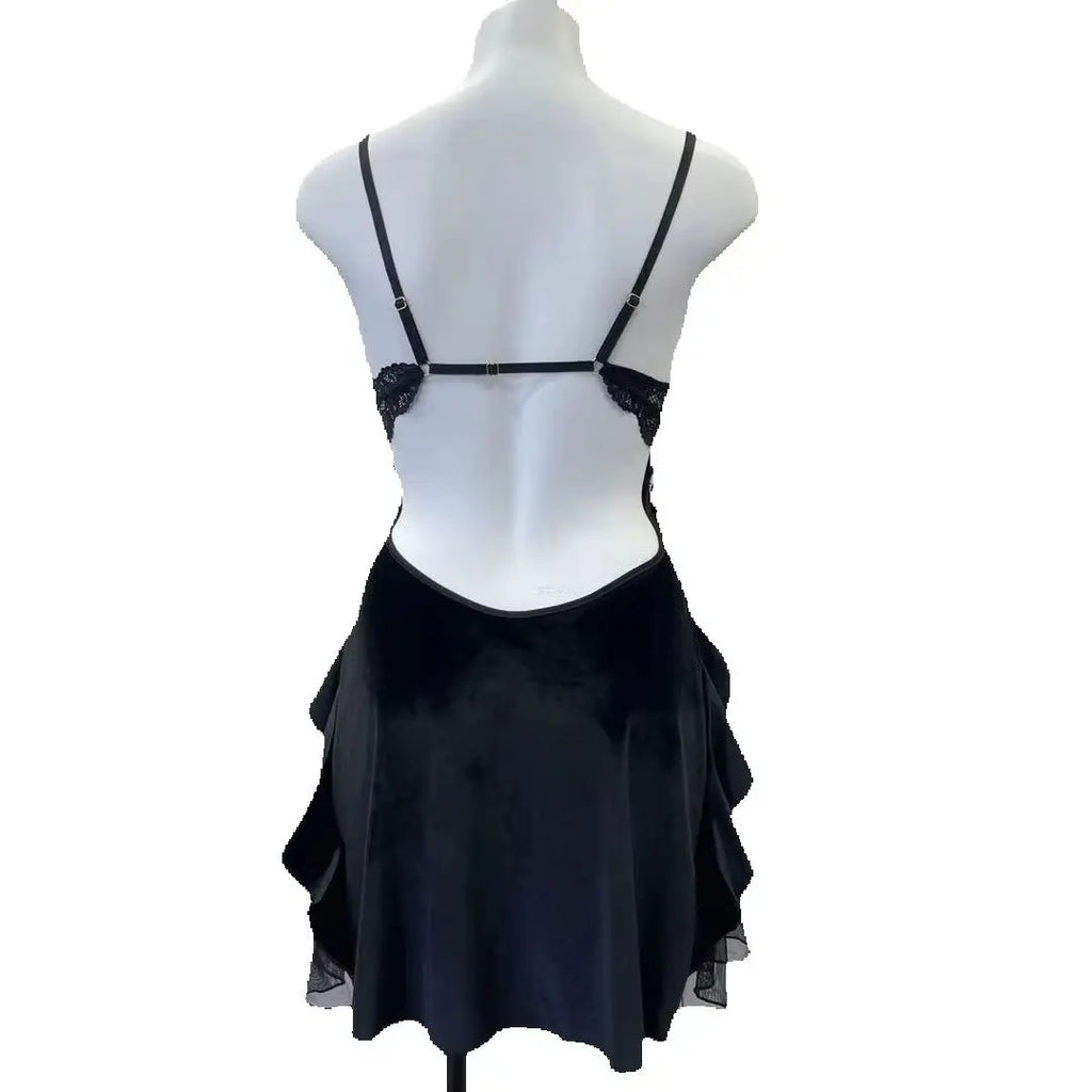 Noelle Lace-Trim Velvet Ruffle Backless Mini Nightgown
