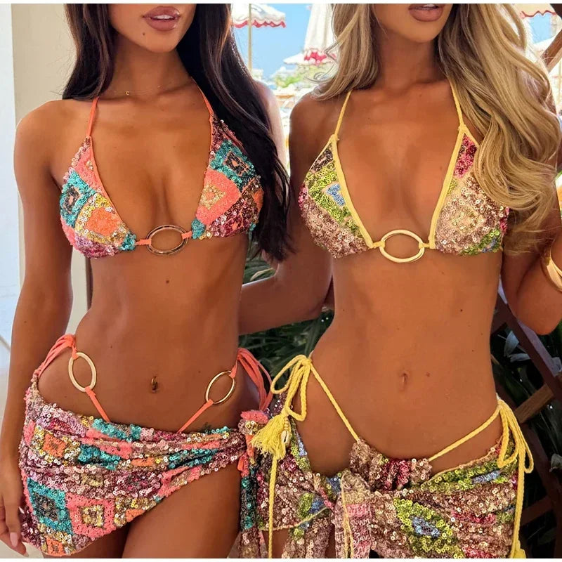Briony Sequin Lace Bikini Three-Piece