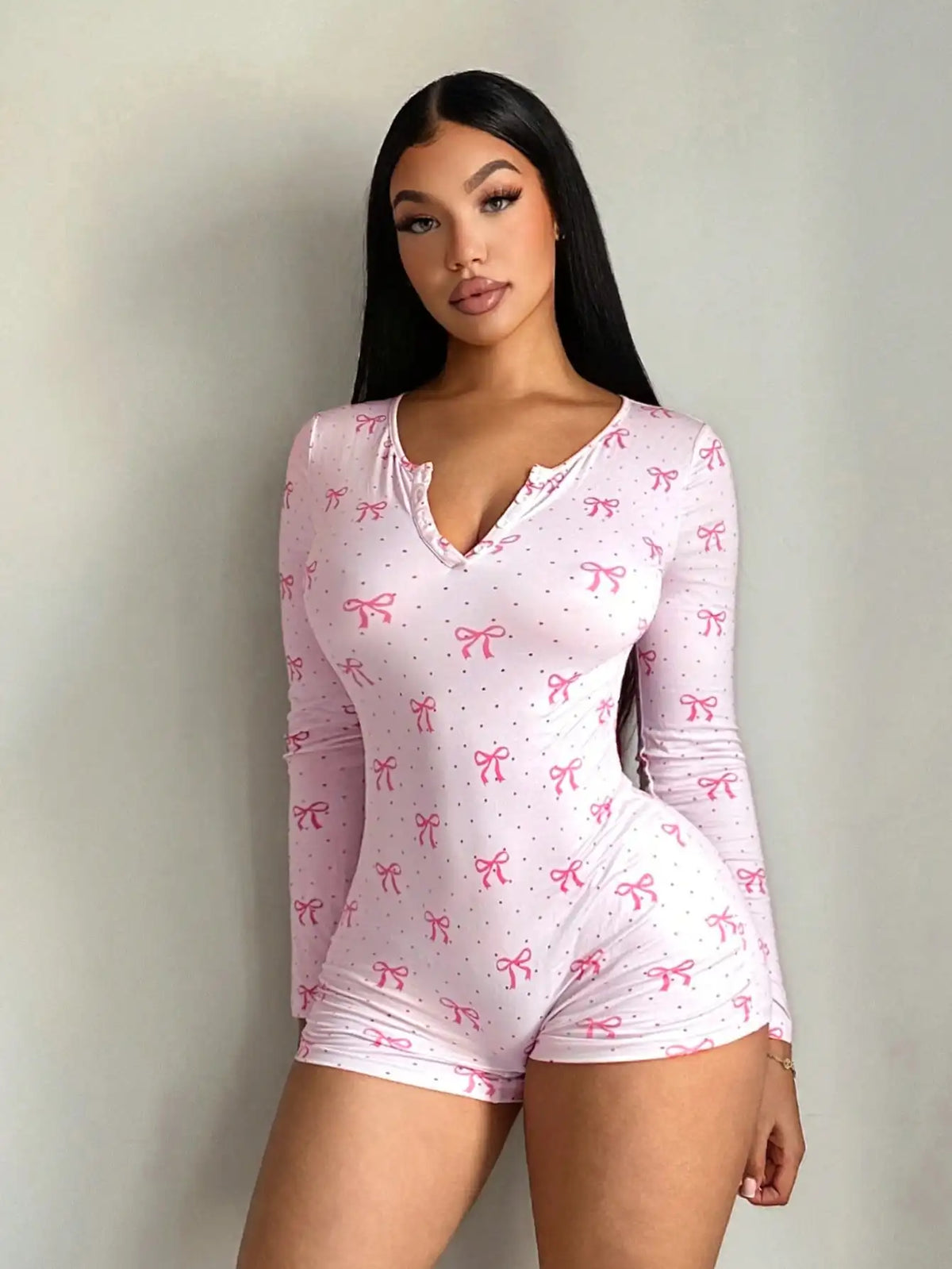 Poppy Pink Polka-Dot Bow Romper One-piece