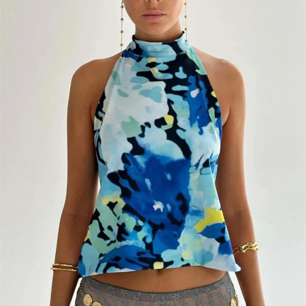 Mara Floral Print Halter Backless Boho Cami Top