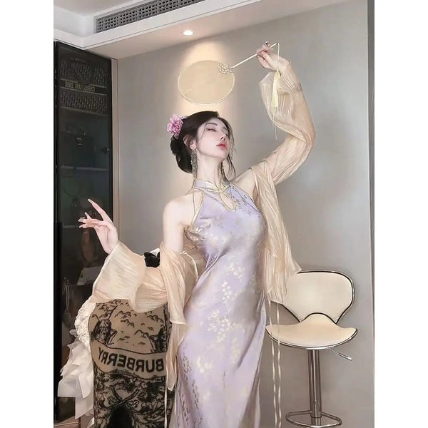 Jing Blue Porcelain Qipao Maxi Dress or Cape
