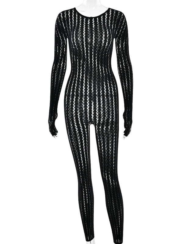 Veda Sheer Long-Sleeve Bodycon Jumpsuit One-piece