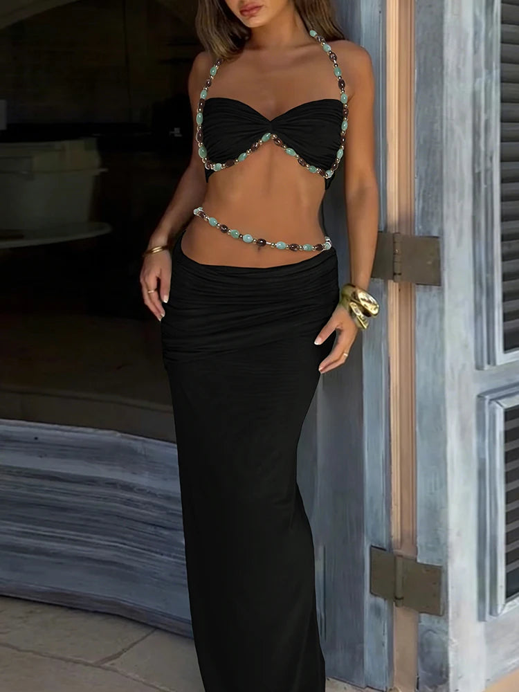 Kliou Beads Decoration 2 Piece Set Woman Halter Low-Neck Backless Camisole Tops+Elastic Waist Long Skirts Elegant Style Outfits