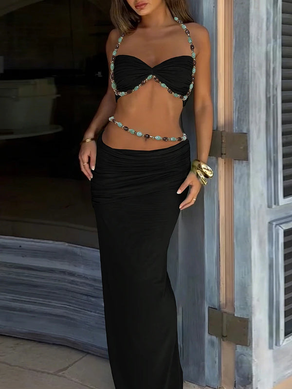 Kliou Beads Decoration 2 Piece Set Woman Halter Low-Neck Backless Camisole Tops+Elastic Waist Long Skirts Elegant Style Outfits