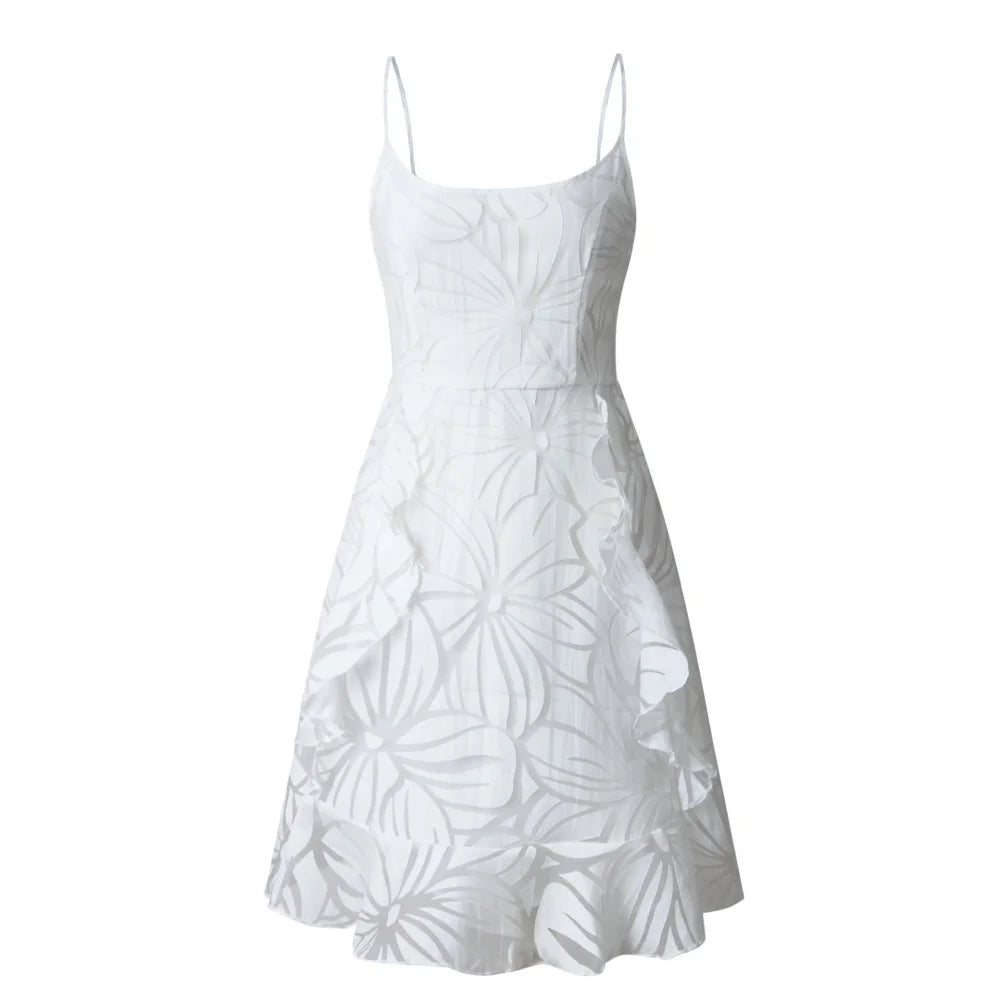Marietta White Tonal Print Ruffle Cami A-Line Mini Dress