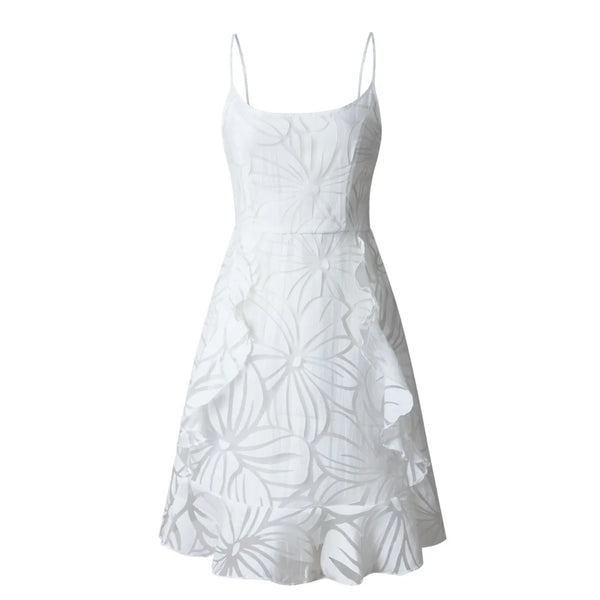 Marietta White Tonal Print Ruffle Cami A-Line Mini Dress
