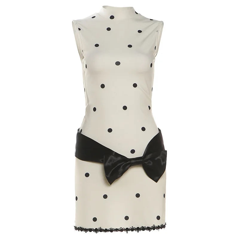 PixieKiki Polka Dot Print Sleeveless Bow Mini Dress Vintage Clothes for Women Elegant Dresses P94-CD29