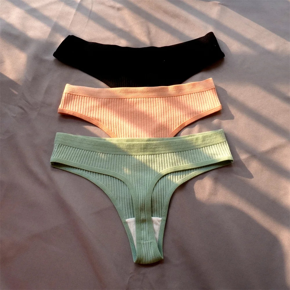 Mirelle Ribbed Cotton Thong Pack Lingerie 3-piece