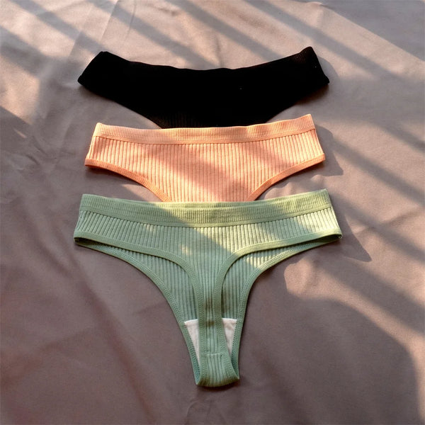 Mirelle Ribbed Cotton Thong Pack Lingerie 3-piece