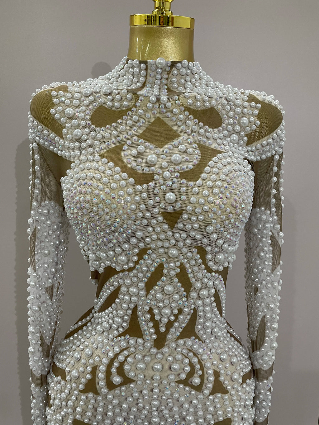 Alessia Pearl Rhinestone Mesh Long-Sleeve Mini Dress