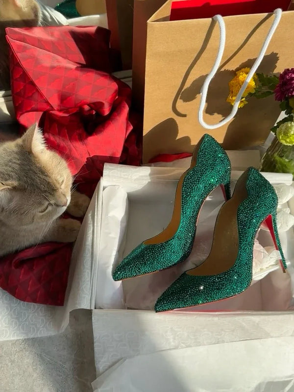 High Heels Women 2025 Spring New gold Sexy Pointy French Thin With Single Shoes Women Crystal Wedding Shoes Women Red Sole Shoe